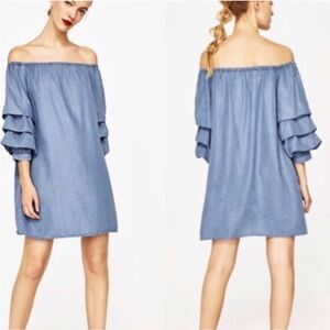 Zara Woman Soft Off The Shoulder
Denim Flowing Puff Sleeves Dress Size XS